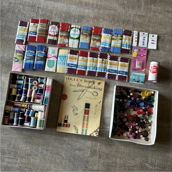 Other - Huge Lot VTG Sewing Buttons Piping Thread Assorted Vogue Dressmaker Book Bundle